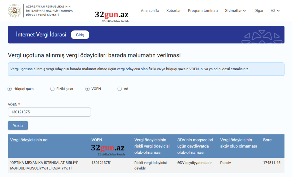 “Optika-Mexanika İstehsalat Birliyi” MMC-nin vergi borcu üzə çıxıb